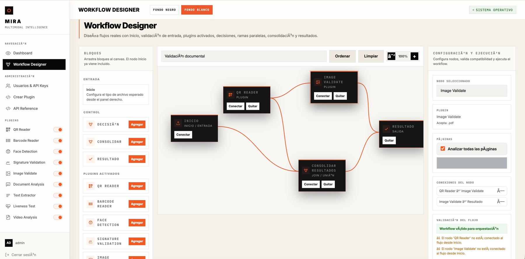 MIRA Workflow Designer - flujos visuales drag and drop